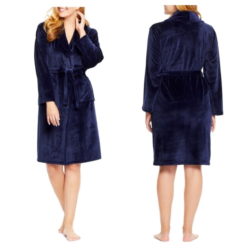New Womens Velour Robe Cozy Plush Navy Blue